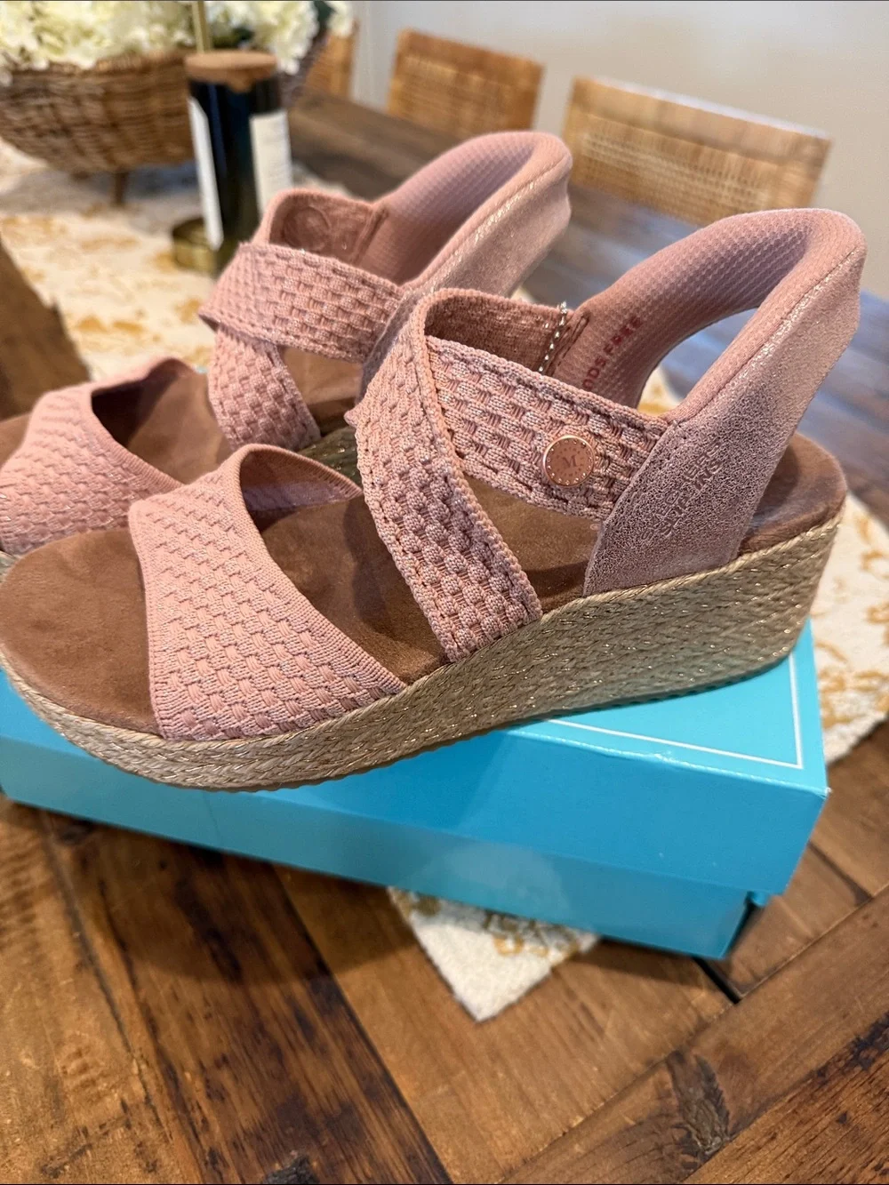 Skechers “Martha” Pink Woven Elastic Espadrille Wedge Sandals